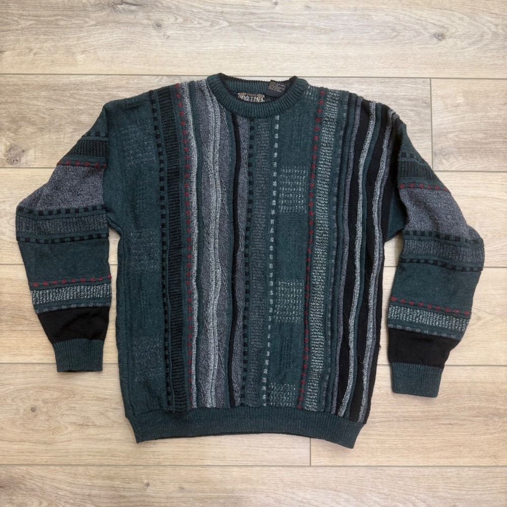 Cortina Mens Vintage 3D Textured Knit Sweater Italy Green Wool M Retro Hipster